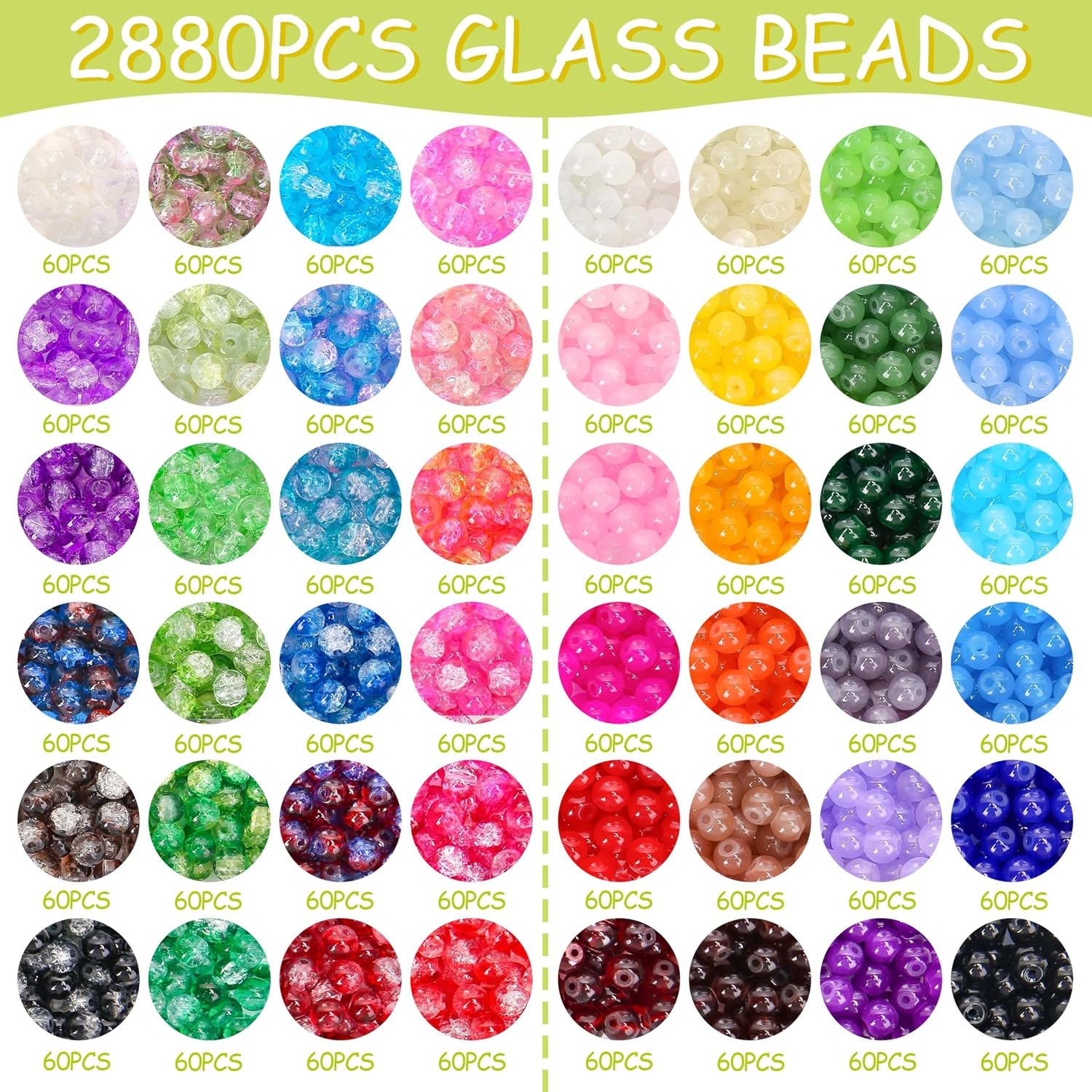 BONNY BOXX 2880 PCs 6mm Round Glass Beads for Jewelry Making, Bulk Crystal Beads in 48 Assorted Colors, Crackle Glass Beads for Bracelets, Necklaces, Earrings, Jewelry Design & DIY Art Projects