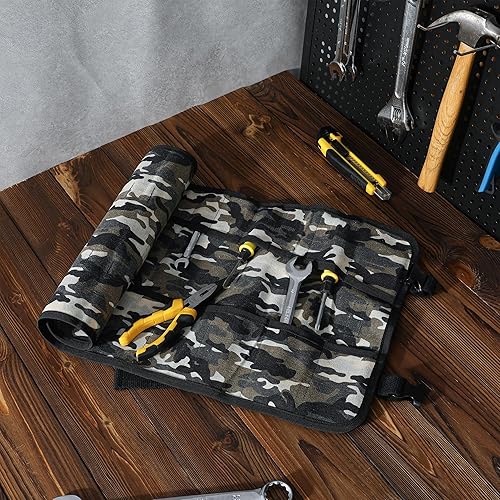 Miniatura 6 de Bolsa enrollable para herramientas, resistente bolsa de herramientas enrollada de lona encerada de 16 onzas, 12 ranuras + banda elástica + 1