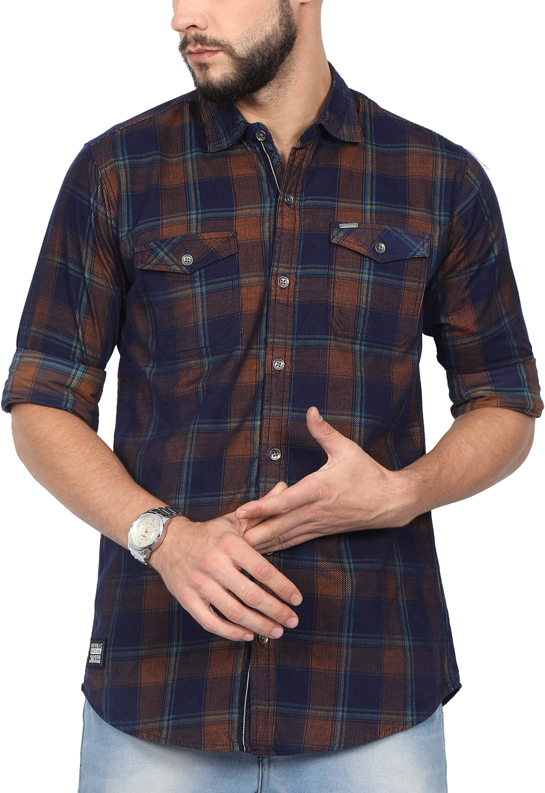 NORTH REPUBLIC Men's Rust Corduroy Checks Cotton Full Sleeves Stylish Casual Shirt