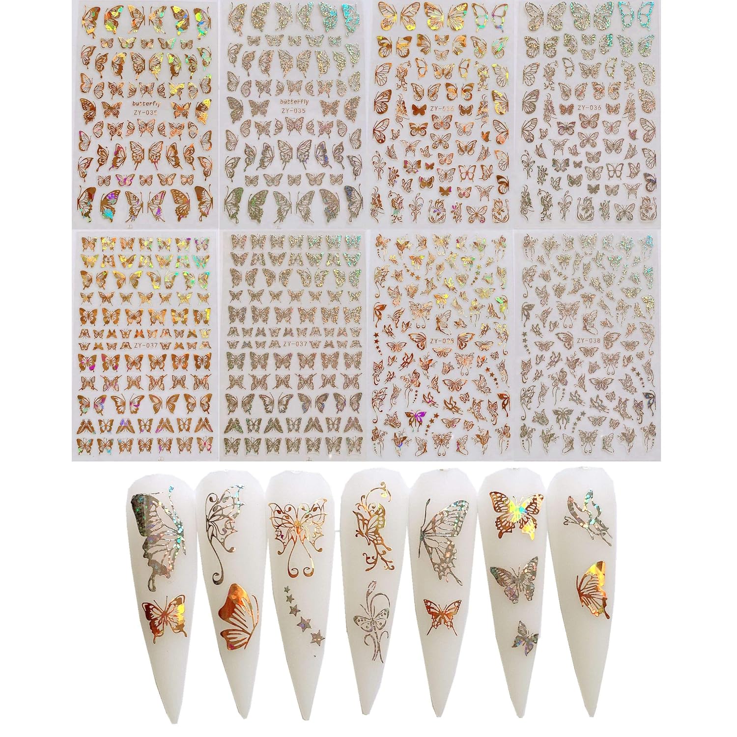NAIL ANGEL 8Sheets Nail Art Adhesive Sticker Sheets Different Laser Gold and Silver Color Butterfly Shapes Nail Art Decoration 10238