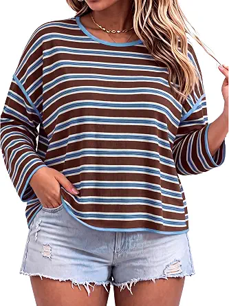 Beautife Women's Plus Size Striped Long Sleeve Color Block T-Shirt Top