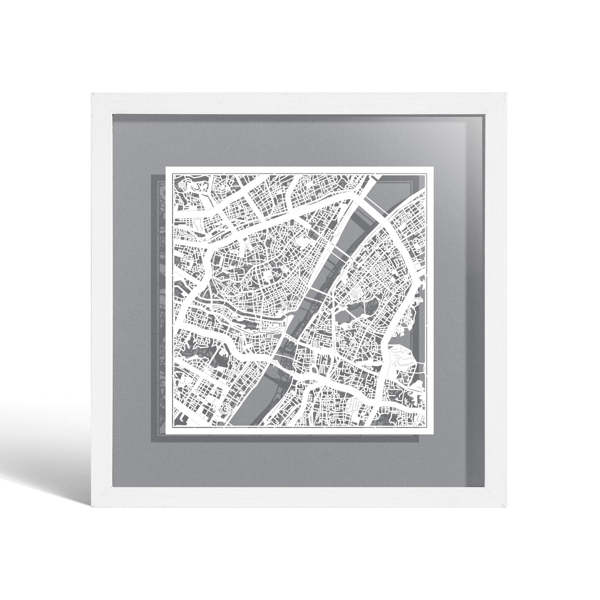 O3 DESIGN STUDIO Wuhan Paper Cut Map framed, White map, White frame, 9x9 inches, Gift Boxed, 4 background color, self-changing, Paper Art