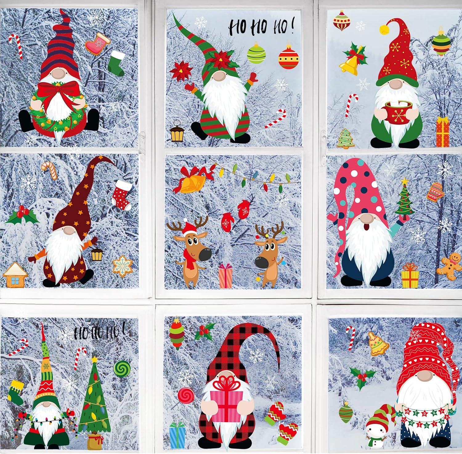 84 Pieces 8 Sheets Christmas Window Clings Sticker Decals Snowflake Gnome Window Sticker Clings Santa Claus Elf Reindeer Window Decals Xmas Party Supplies