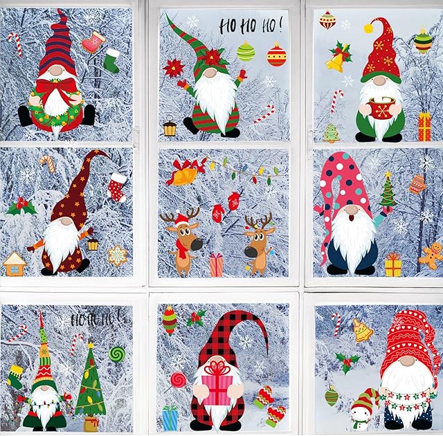 84 Pieces 8 Sheets Christmas Window Clings Sticker Decals Snowflake Gnome Window Sticker Clings Santa Claus Elf Reindeer Window Decals Xmas Party Supplies