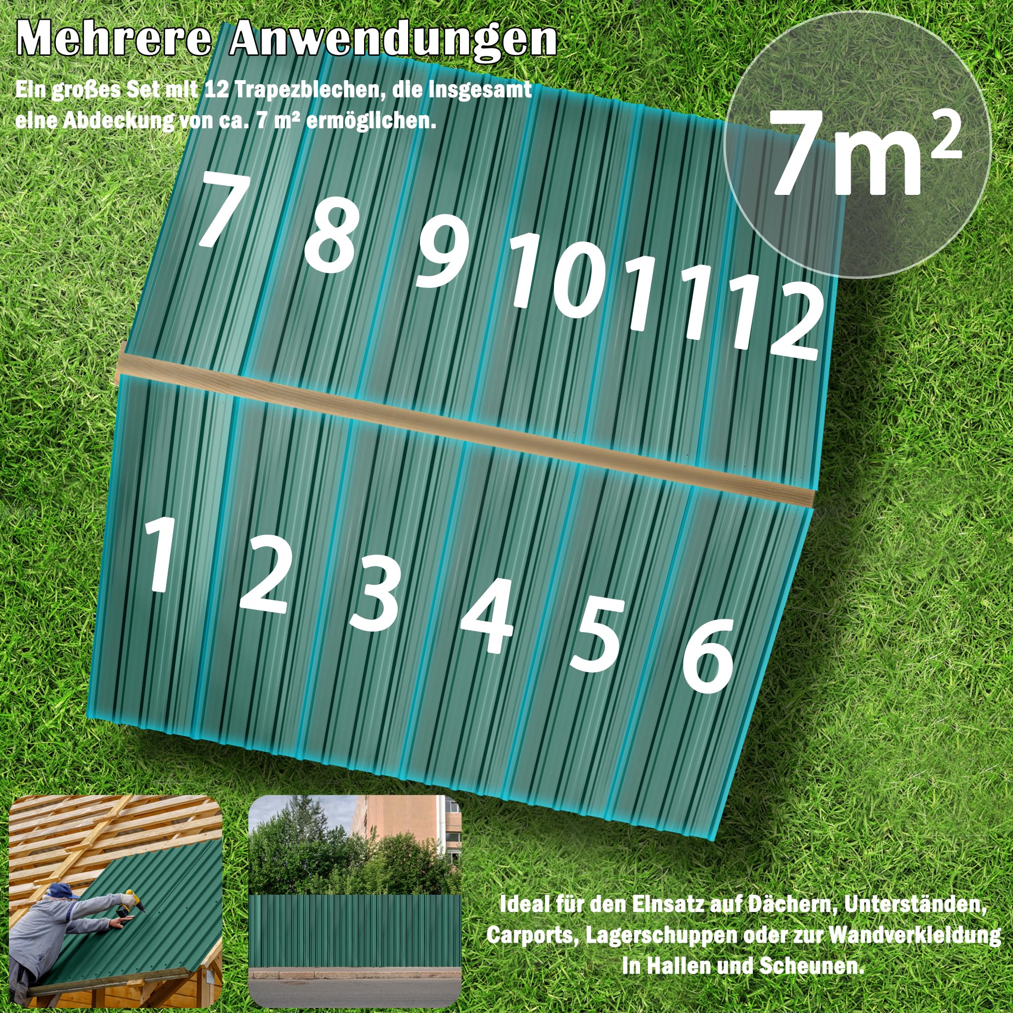 HENGMEI Lámina Metálica Trapezoidal 36 x Placas de Techo 21m² Lámina Trapezoidal para Techos 129cm x 45cm Lámina Galvanizada para Construcción de Techos para Garajes, Invernaderos, Perreras, Verde