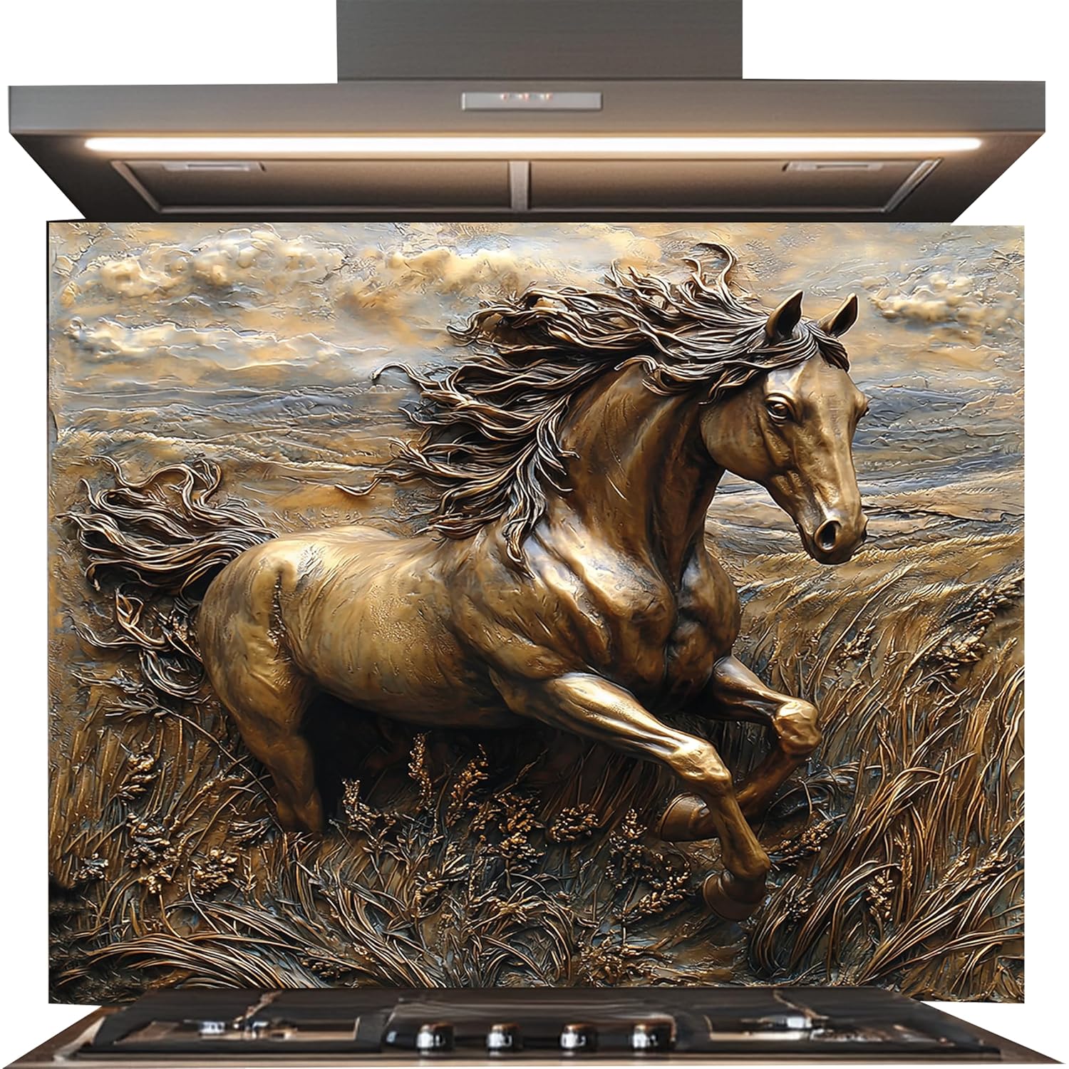 Tempered Glass Backsplash for Kitchen, Rearing Horse Glass Backsplash, Copper Look Backsplash for Kitchen Wall, Rustic Kitchen Backsplash, Easy to Install Stove Backsplash