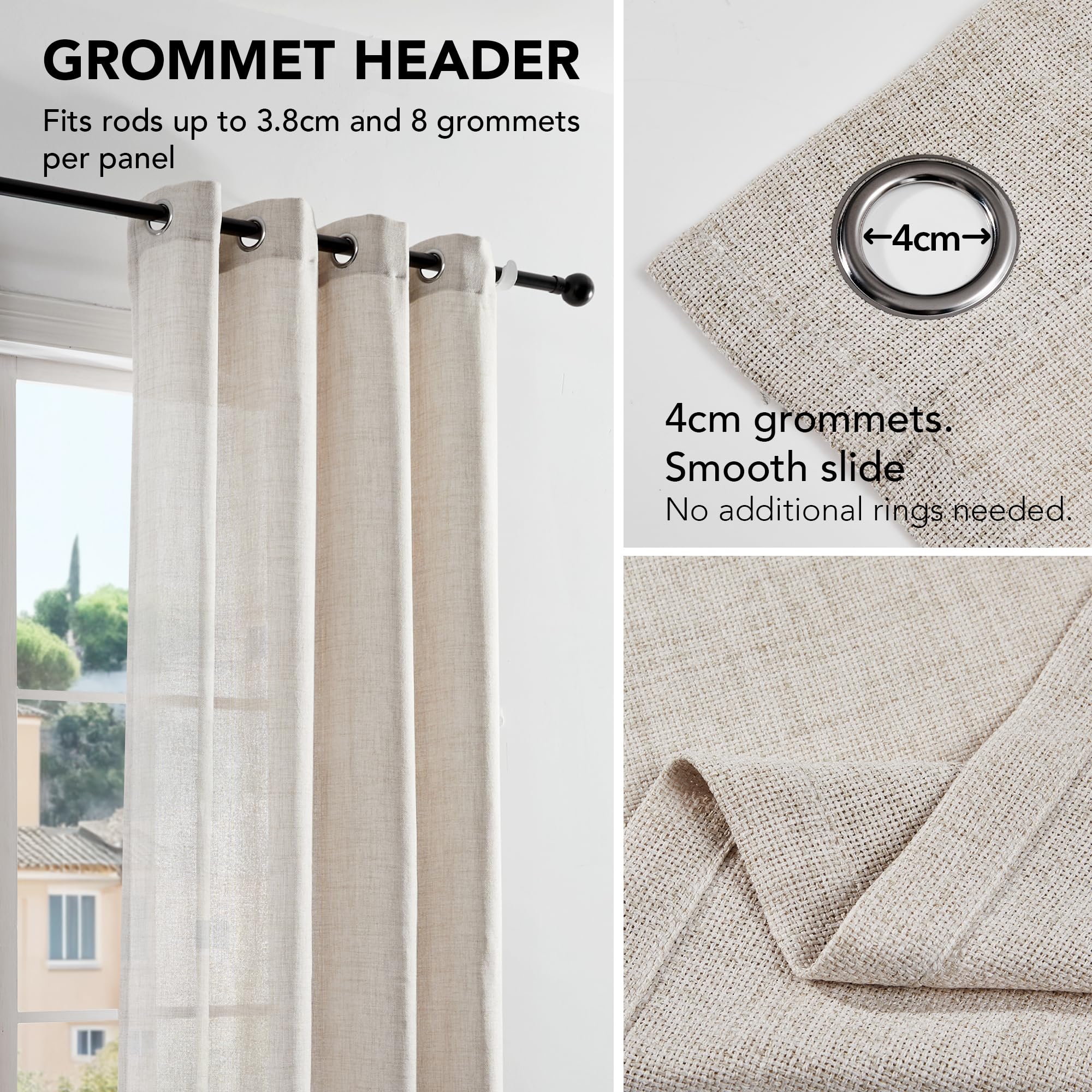 Deconovo Tende per Interni Effetto Lino con Anelli – Set di 2 Pannelli da 140x180 cm, Tende Moderne Traspiranti e Decorative per Soggiorno, Camera da Letto, ufficio e Cameretta, Lino