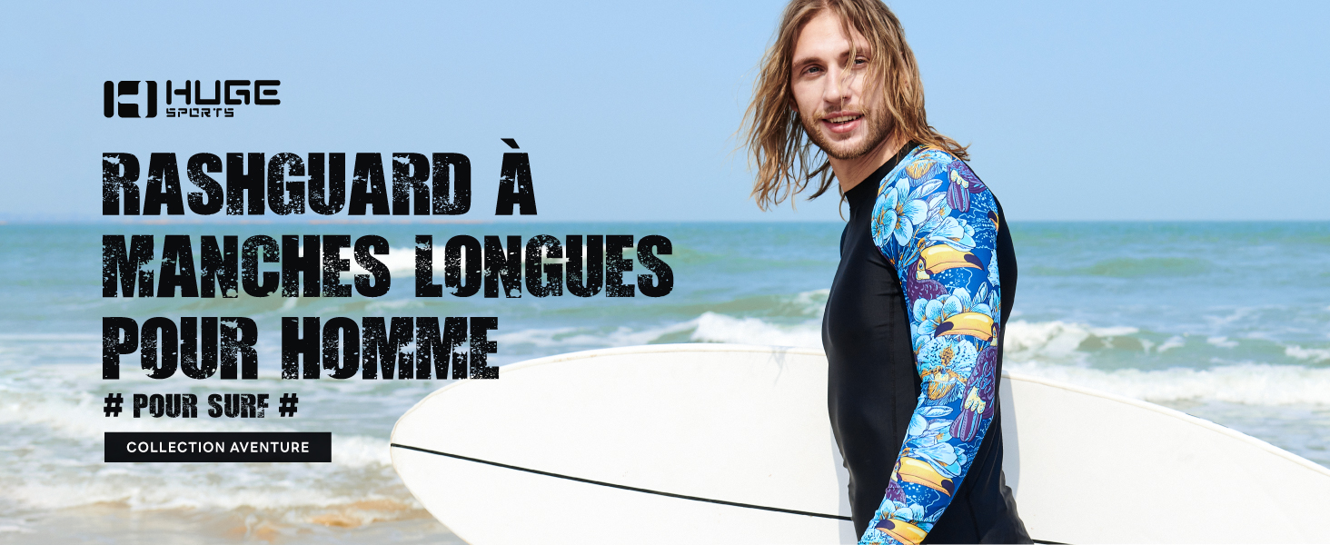 HUGE SPORTS Rash Guard Manche Longue Homme - Maillot Anti-UV Compression Natation Surf SUP Plongée, Tissu Respirant Extensible