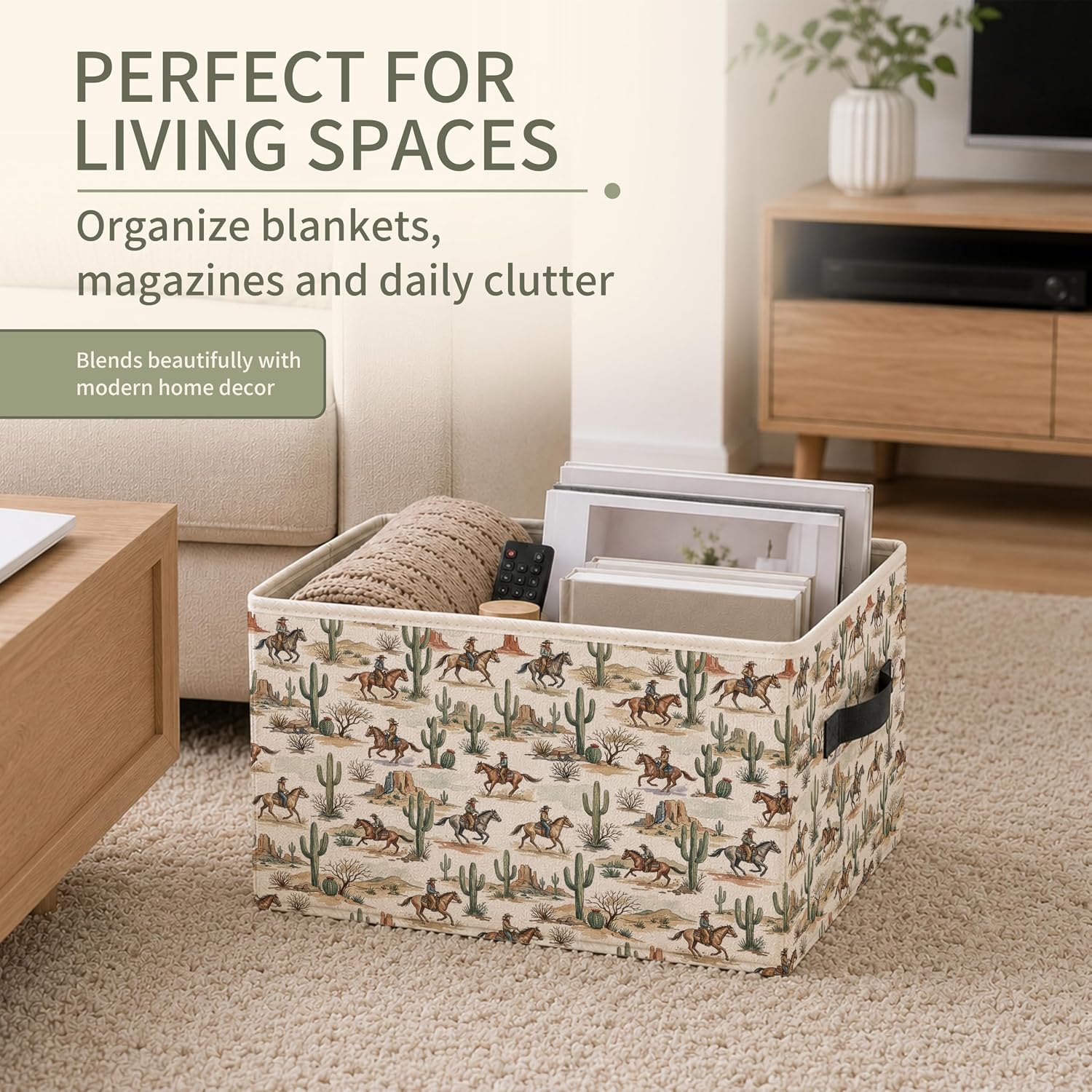 Western Cowboy Storage Bins with Handles, Western Gifts for Women Men, Rustic Wild West Desert Cactus Collapsible Laundry Basket Storage Box for Home Bedroom College Dorm Clothes Toys Books