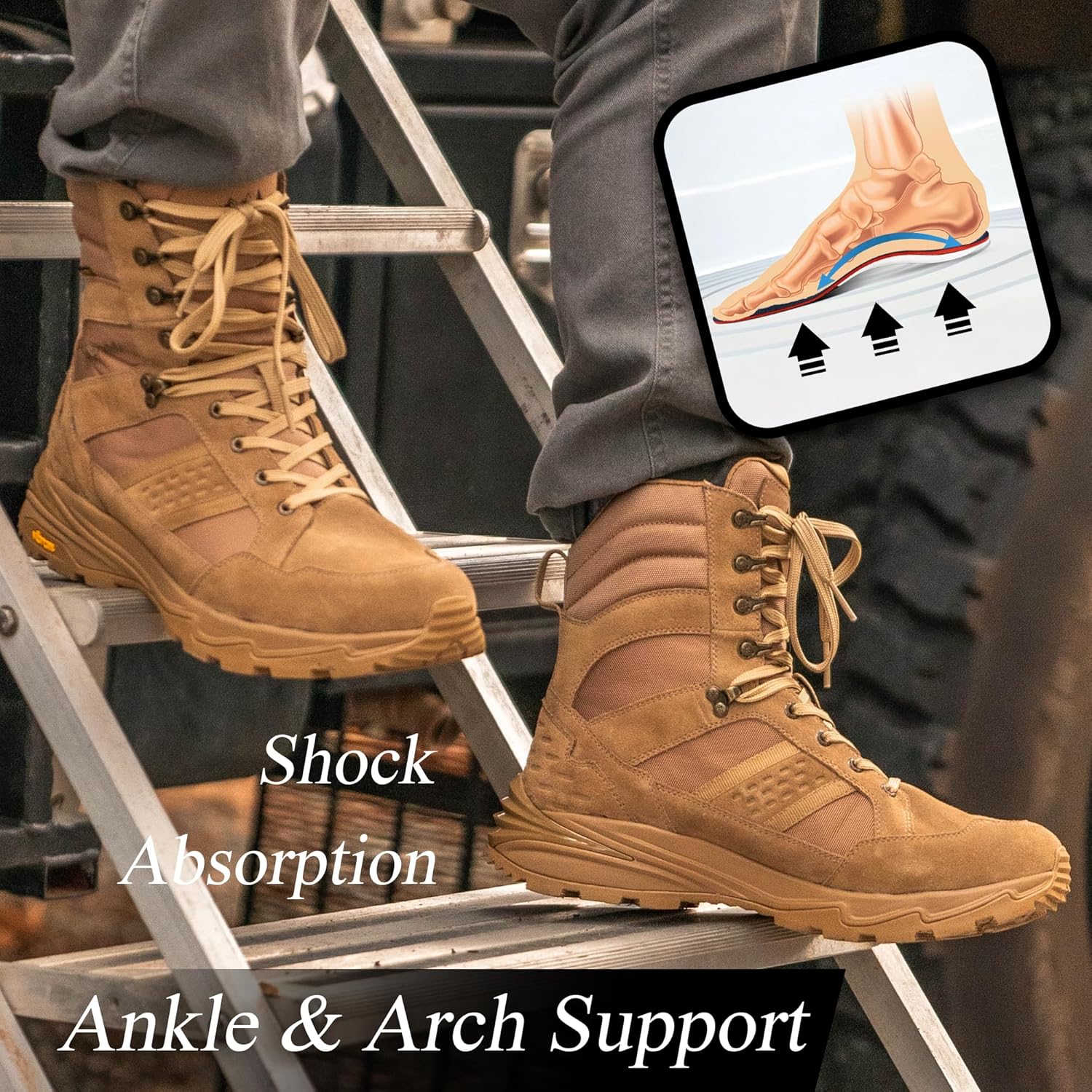 ROCKROOSTER Men's 8 Inch Lace Up Lightweight Military Boots, Non-Slip Brown Comfortable Water-resistant Hiking Boots for Men