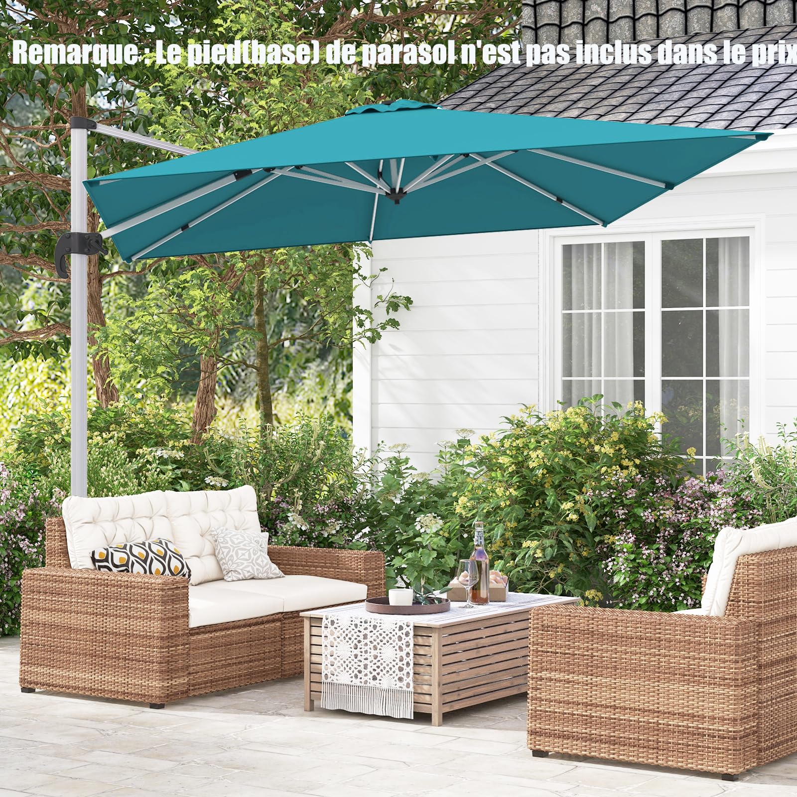 COSTWAY Parasol Déporté 3x3M, Carré de Jardin Avec Base en Croix, Inclinable 5 Angles et Hauteurs Réglables, Excentré Rotatif à 360° Avec Manivelle et Double Toit (Bleu)