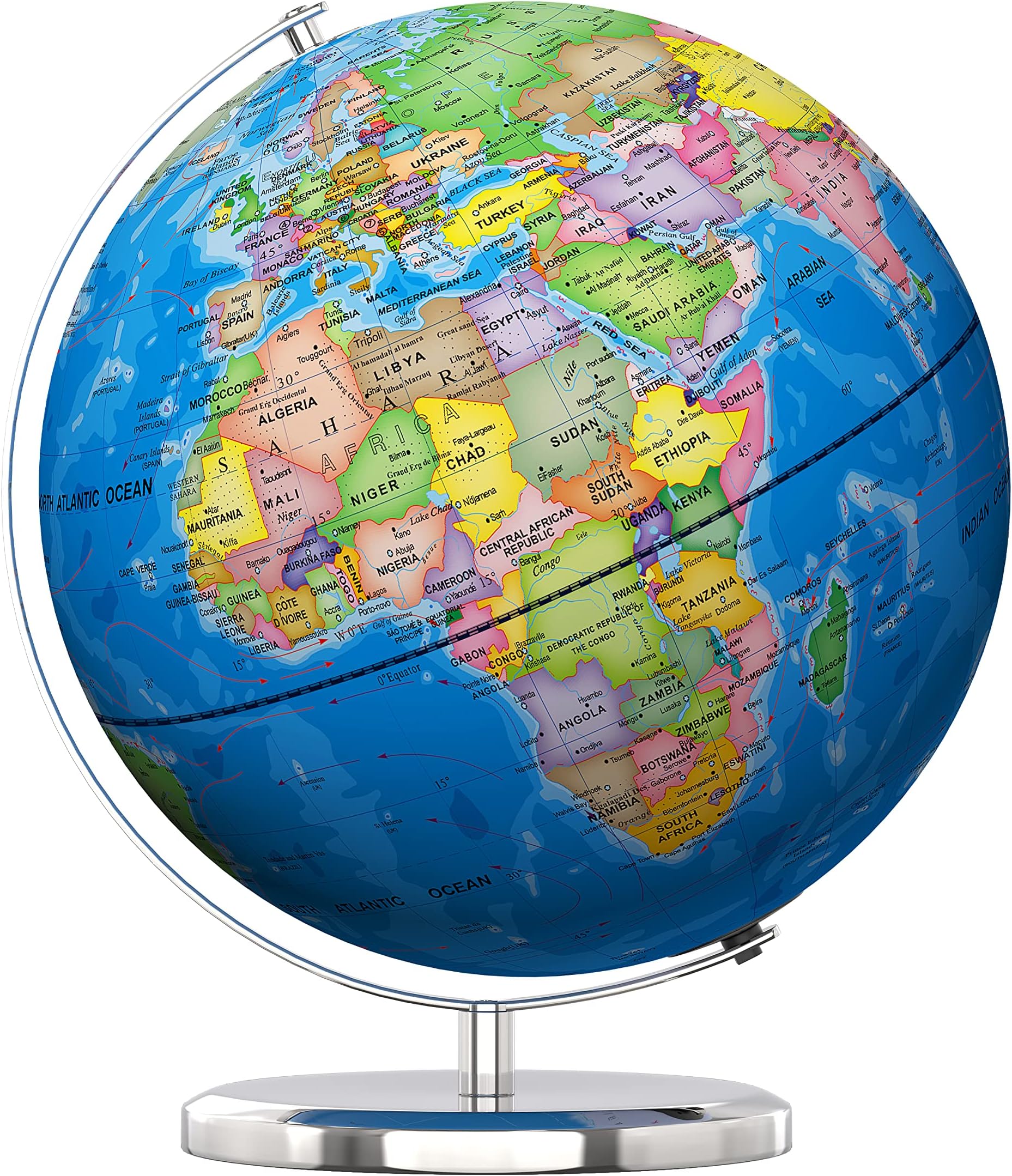 Waldauge Illuminated World Globe with Stand, 13" Earth Globes with Stable Heavy Metal Base for Kids Classroom Learning, LED Globe Night Light with HD Printed Map