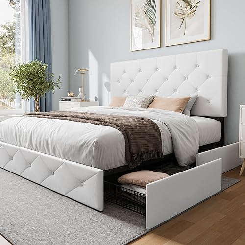 WEEWAY Base de cama de tamaño matrimonial con 4 cajones de almacenamiento, base de cama matrimonial con cabecera capitonada con botones de costura