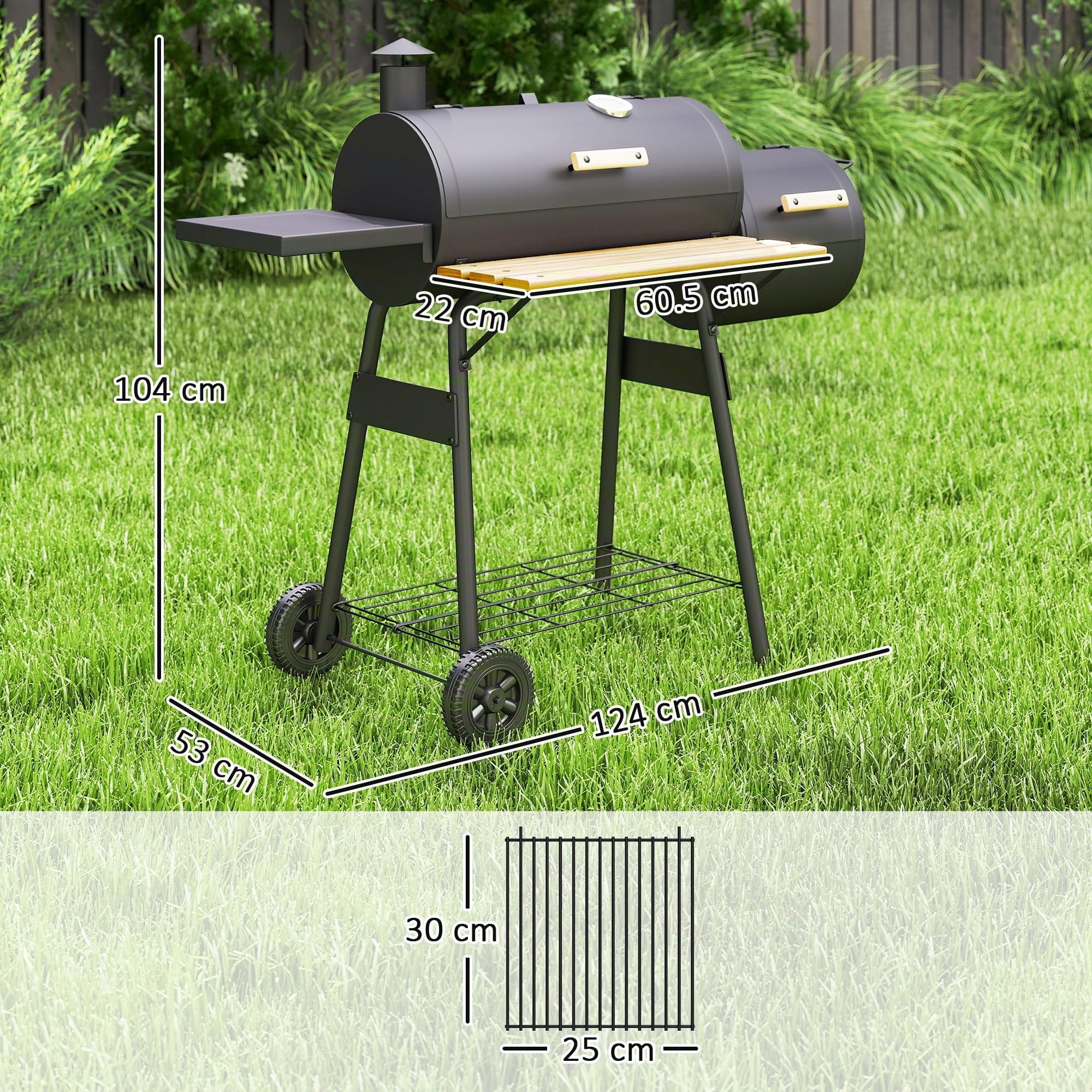 Outsunny Barbecue à charbon fumoir BBQ grill smoker sur pied avec couvercle, roulettes, thermomètre, étagères acier laminé à froid, noir