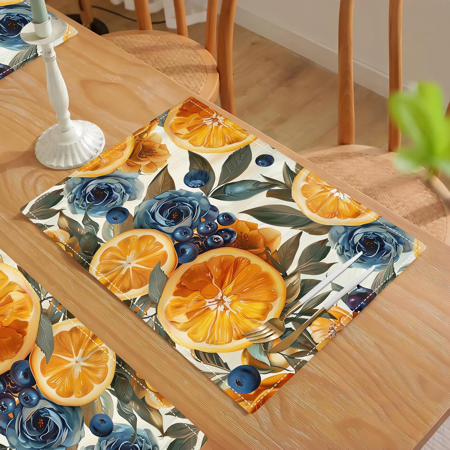 Orange Placemats Set of 6 Fruit Blueberry Rose Leaf Table Mats Washable Place Mats for Home Party Indoor Kitchen Dining Table Decoration 12x18 Inch