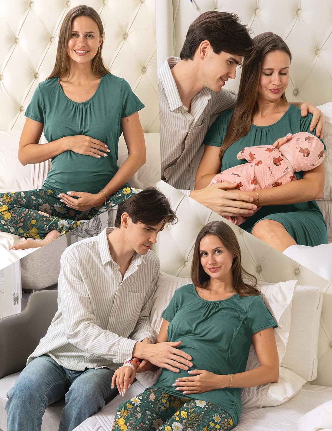 SUNNYBUY Women 3 PCS Maternity Nursing Nightgown Dress & Short Sleeve Breastfeeding Top & Pregnancy Pants Sleepwear Set