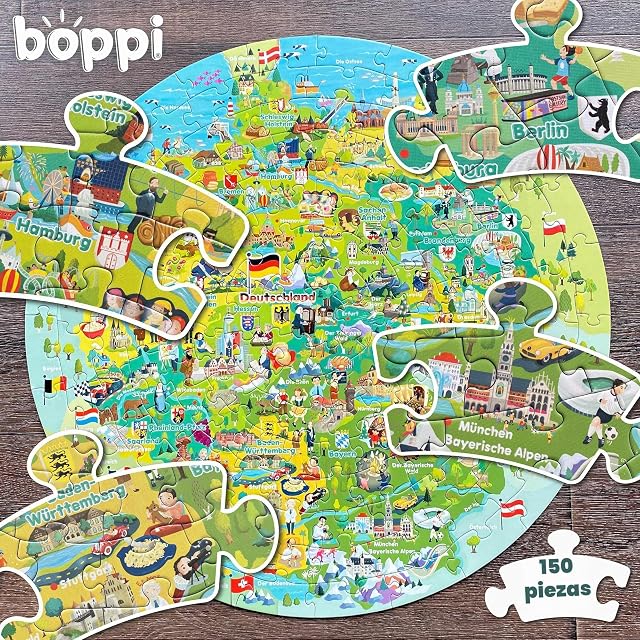 Foto 3 de 7 de Boppi Rompecabezas de 150 piezas para niños de 5 a 8 años, hechos con tarjeta 100% reciclada, mapa de Alemania