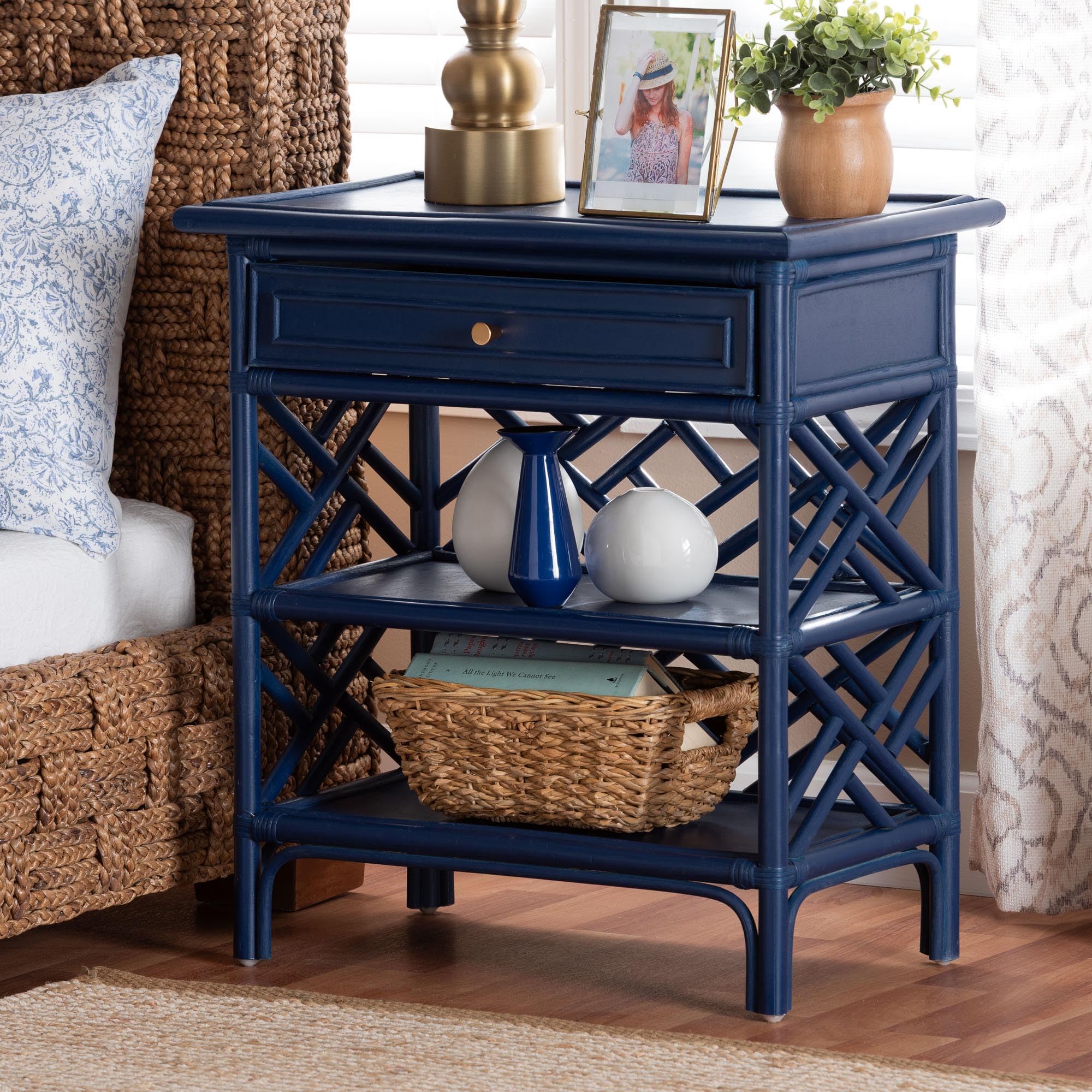 bali & pari Tiaret Natural Rattan Nightstand with Drawer and Shelves – Chippendale-Style Bedside Table for Bedroom or Coastal Living Spaces, Blue, 1-