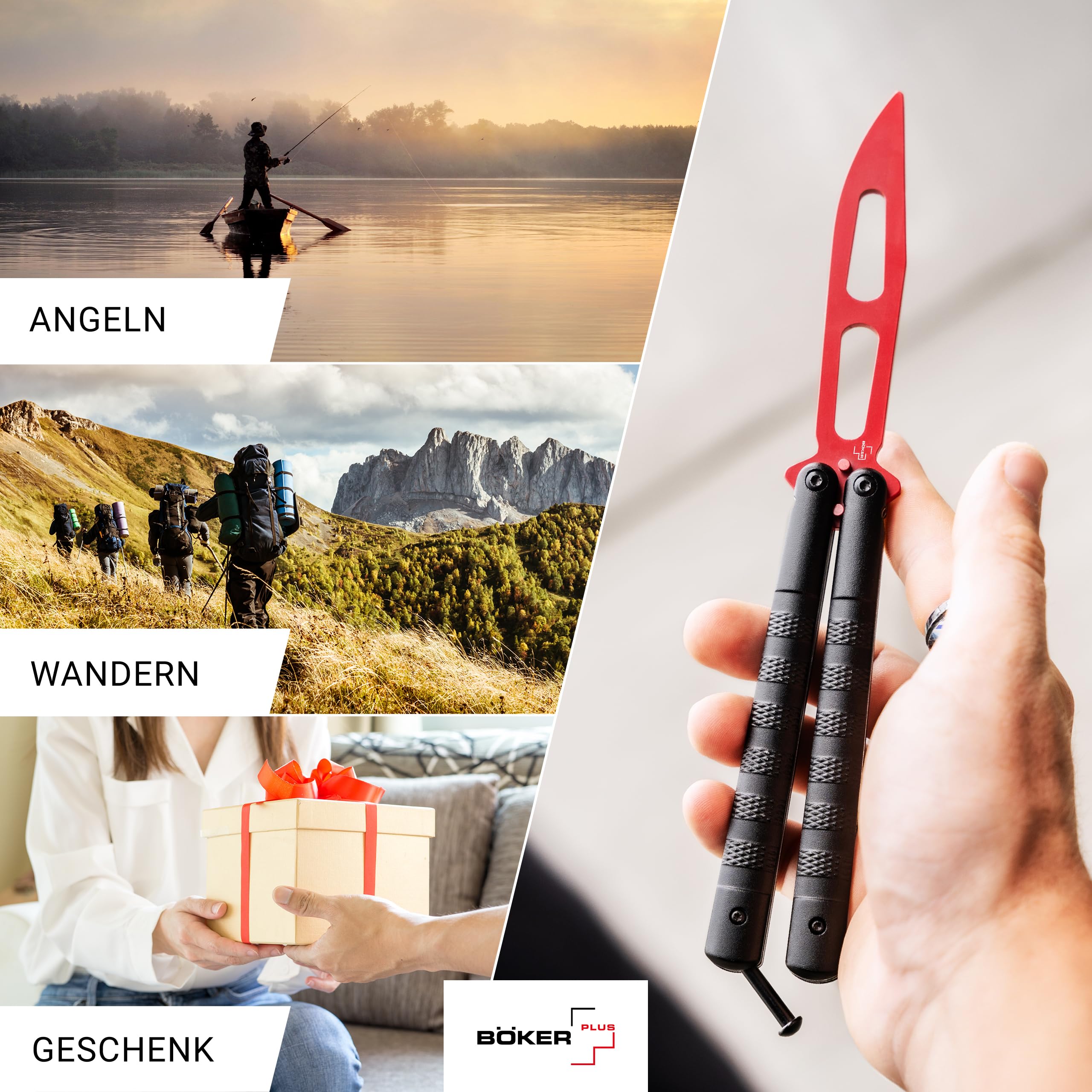 Böker PLUS® Relack Trainer – legales Balisong Trainingsmesser mit schwarzem Alu-Griff - Übungs-Messer mit roter Dummy Klinge ungeschärft - hochwertiges Butterfly Trainer Messer
