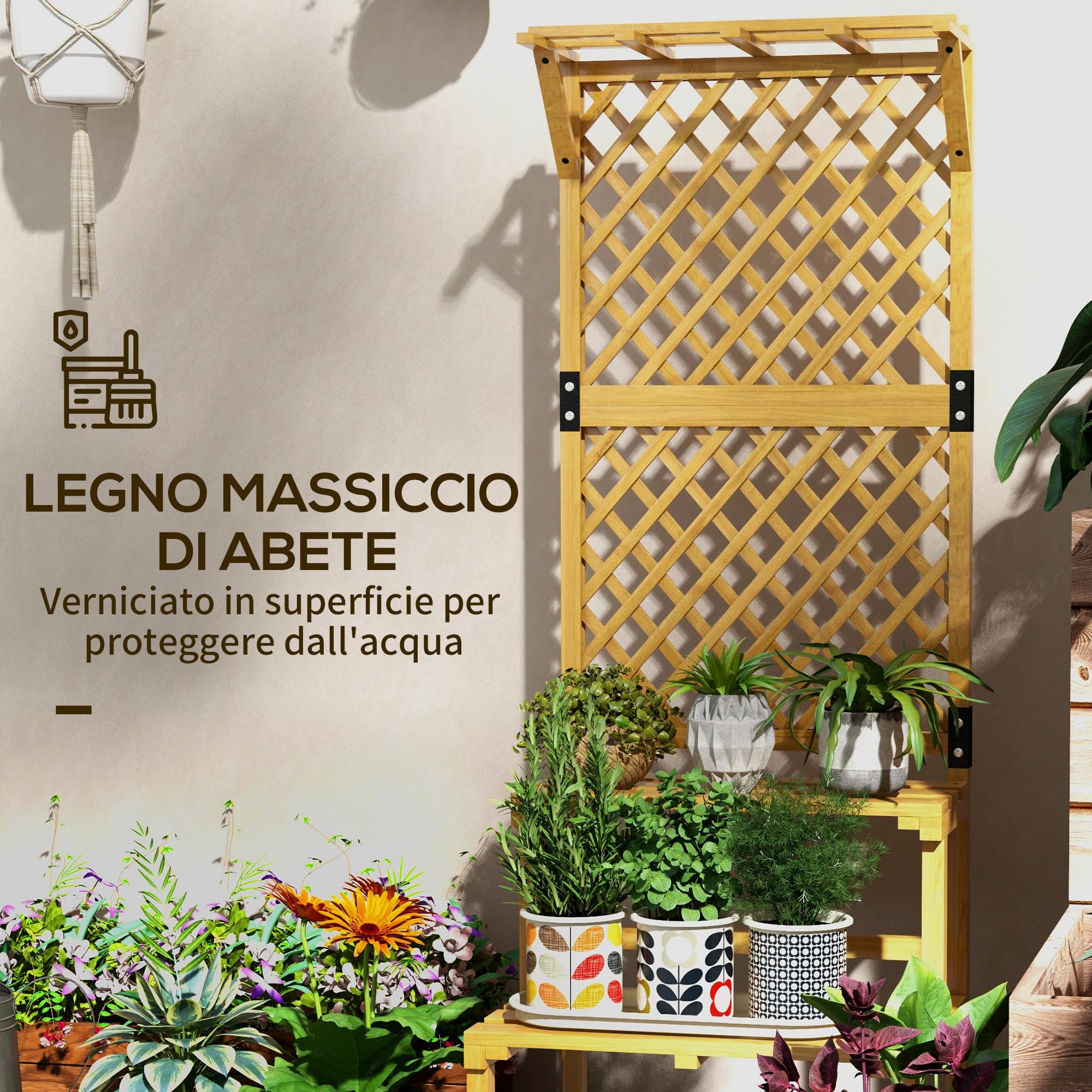 Outsunny Porta Piante da Esterno, Legno di Abete, 60x50x166 cm, Giallo | Fioriera con Grigliato per Rampicanti, Scaffale Porta Piante, 2 Ripiani a Doghe, Barra Superiore