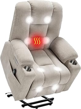 Power Lift Recliner Chair for Elderly, Electric Lift Recliner with Vibration Massage and Lumbar Heating, Single Sofa Reclining Chair with Cup Holders Charging Ports, Chenille Fabric Beige