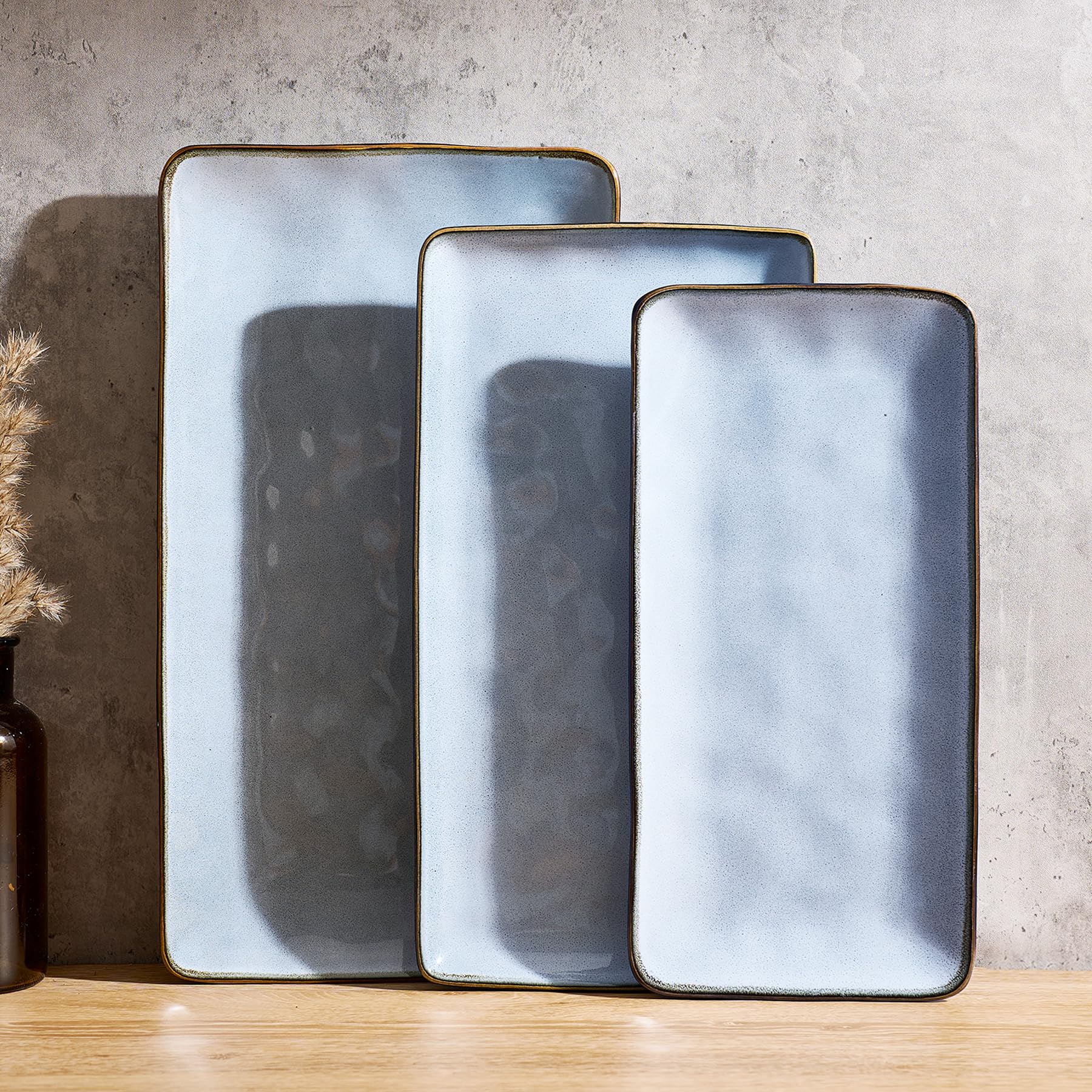 Famiware Serving Platter, Rectangular 15.67/14.1/12.6inch Serving Dishes for Entertaining, Reactive Glaze, Stoneware Serving Trays for Party, Food, Turkey, Snack, Cheese, Ocean Series, Blue