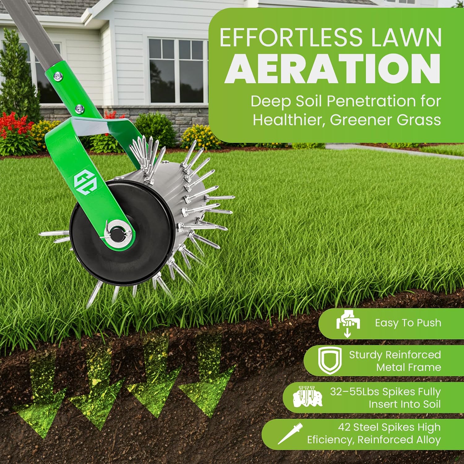 Manual Lawn Aerator Roller Tool, Heavy-Duty Rolling Lawn Aerator, 42 Pre-Attached Steel Spikes, 57 Inch Adjustable Height, Fillable Weighted Drum, 2 Inch Soil Penetrator for Lawn, Garden & Yard Care