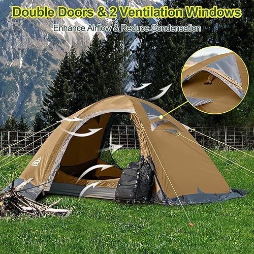 Miniatura 5 de Tienda de campaña de mochilero para 2 personas, tienda impermeable para 4 estaciones, resistente al viento, para clima frío, para campamento,