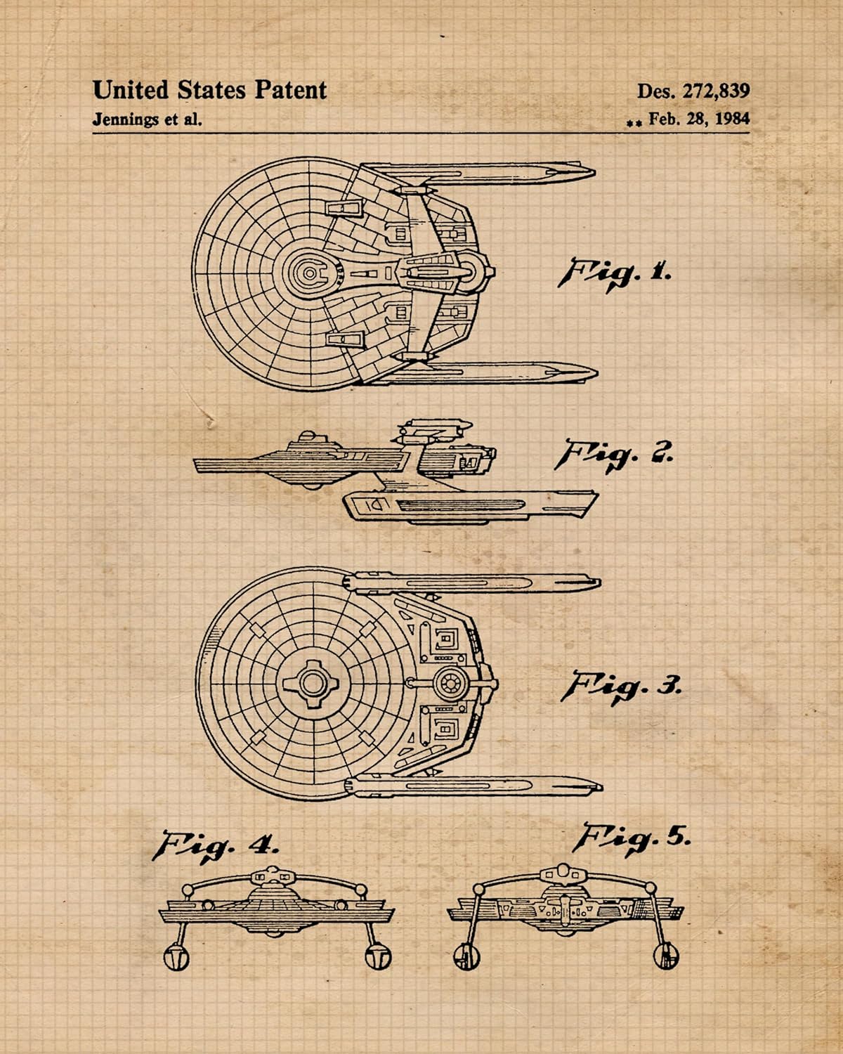Classic Scifi Star Vessels Patent Prints, 6 (8x10) Unframed Photos, Wall Art Decor for Home Work Office Trek Toys ComicCon Movie Gears Garage Space Shop School Aviation Student Teacher Coach