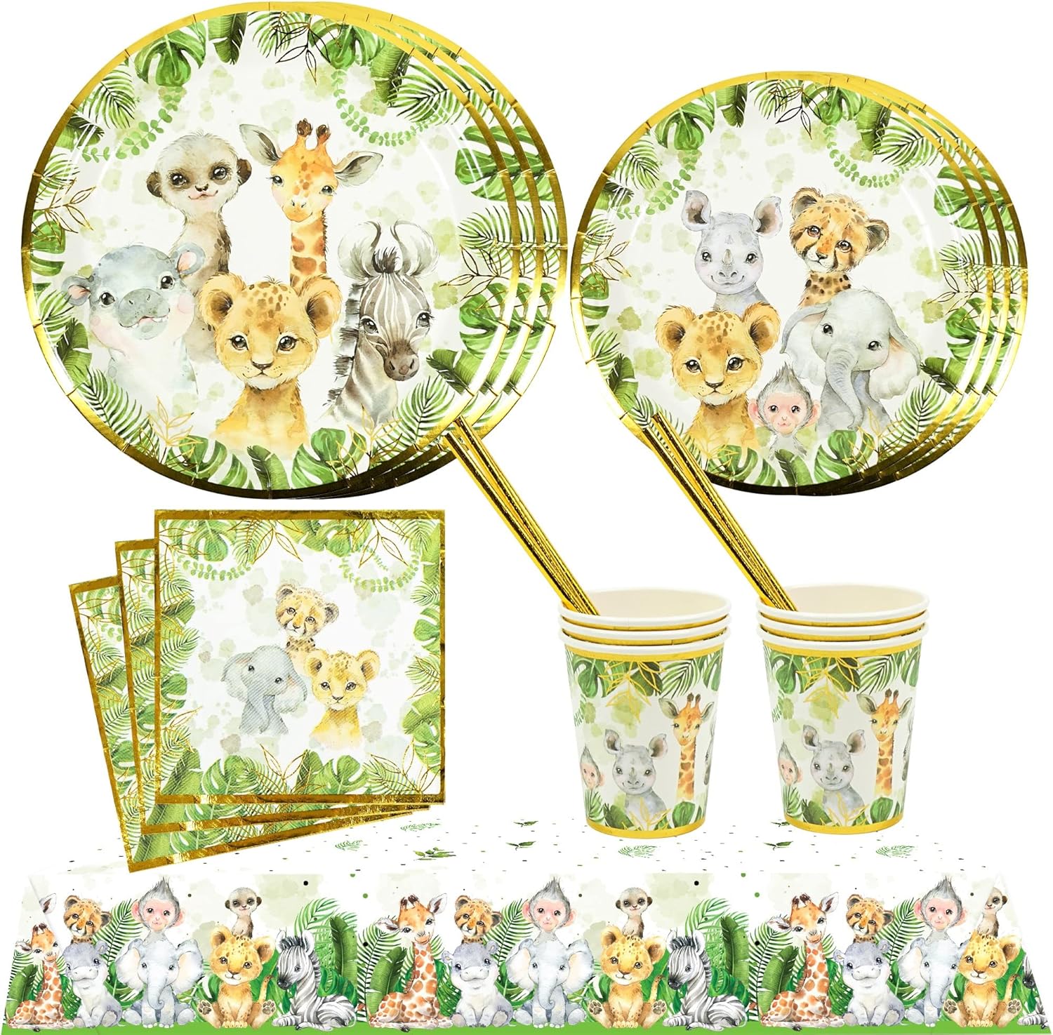 121Pc Jungle Safari Theme Baby Shower Decorations, Birthday Party Supplies For Boy And Girl, Tablecloth, Paper Plates Napkins Straws, Cups of Wild Animal Elephant Lion Giraffe Tableware Set, Serves 24