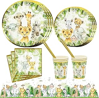 121Pc Jungle Safari Theme Baby Shower Decorations, Birthday Party Supplies For Boy & Girl -Tablecloth, Paper Plates Napkins Straws & Cups of Wild Animal Elephant Lion Giraffe Tableware Set Serves 24