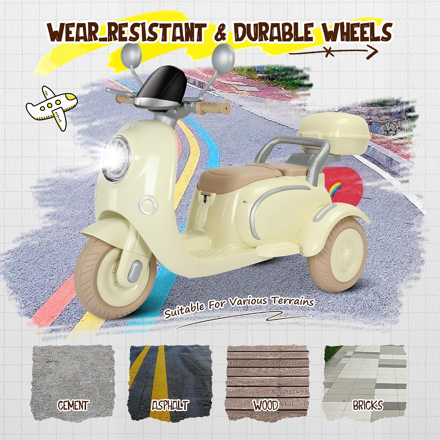 2 Seater Electric Kids Motorcycle with Remote Control, 3 Wheel 12V Ride on Motorcycle with USB, Music, Bluetooth, Light, Big Storage Box, 2×25W Motors Motorcycle for Kids 3-8 (Yellow)