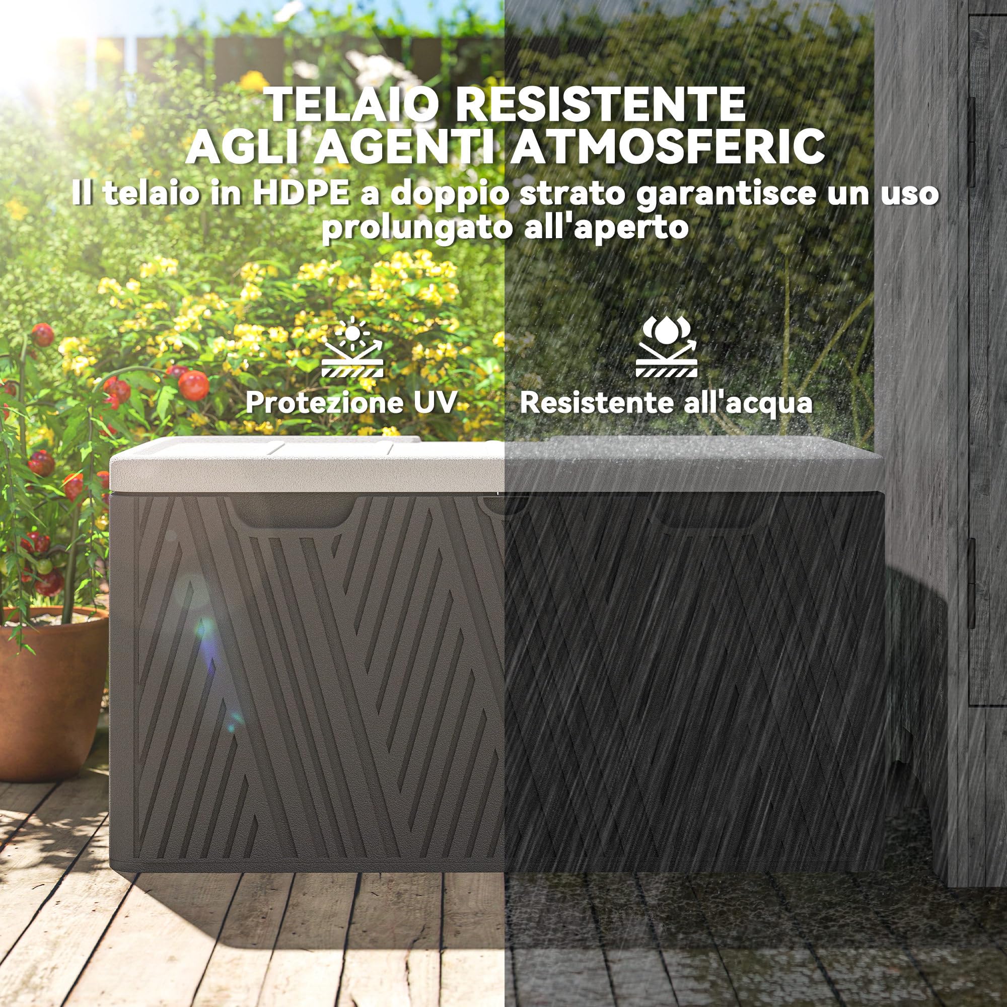 Outsunny Baule da Esterno da 380L Impermeabile in HDPE, Cassapanca Contenitore da Esterno con Coperchio a Leva e 2 Maniglie Laterali, Protezione UV, 115x60x60 cm, Nero e Grigio