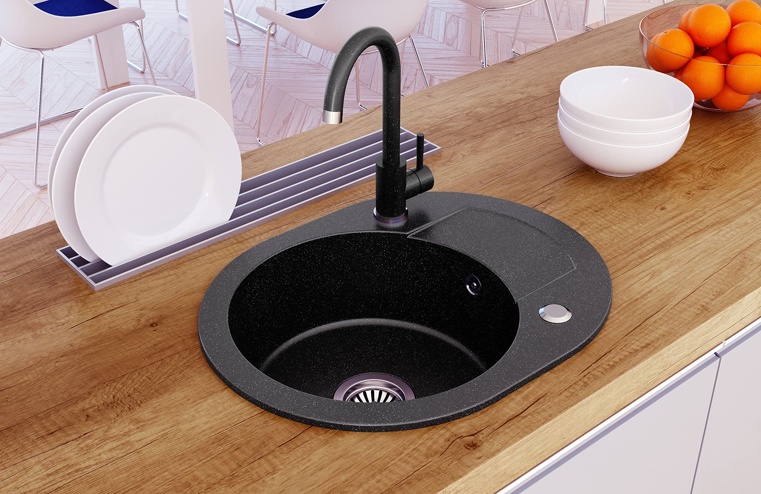 Fregadero fregadero Granito 59 x 46 cm Individual Platillos fregadero cocina fregadero salpicado Reversible + drexex Center + Sifón Lavabo + 360 ° giratorio U forma de grifo cocina grifo grifo de