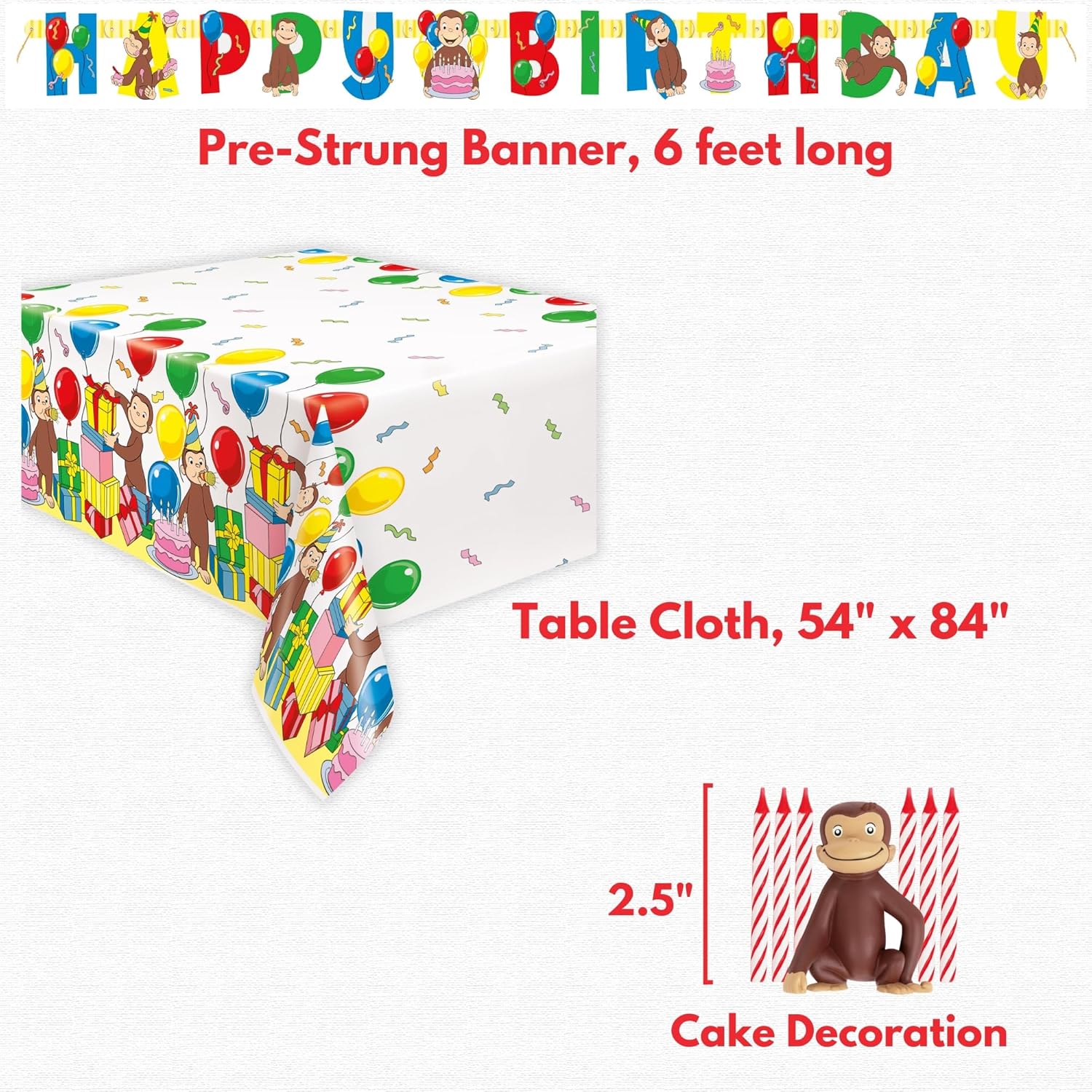 Curious George Birthday Decorations - Curious George Party Supplies - Plates and Napkins, Tablecloth, Banner, Cake Topper, Checklist - Birthday for 16