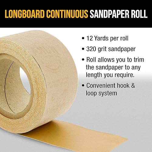 Miniatura 4 de Dura-Gold Premium Grano 320 dorado Rollo de papel de lija continuo de Longboard con soporte de gancho y bucle, 2-34 pulgadas de ancho, 12 yardas