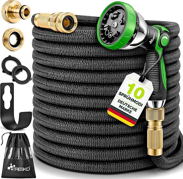 TRESKO TRESKO® Flexibler Gartenschlauch | ausgedehnt 30m | Wasserschlauch flexibel mit 3-Fach Latexkern | dehnbarer flexiSchlauch | alle Verschraubungen aus hochwertigem Messing — Schläuche