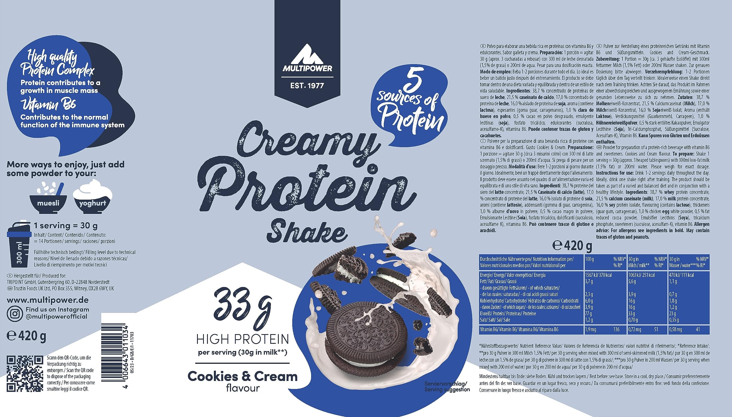 Multipower Creamy Protein Shake 420 g, hochwertiges Cookies & Cream Protein Pulver mit Whey und Casein, für leckere Shakes zum Muskelaufbau