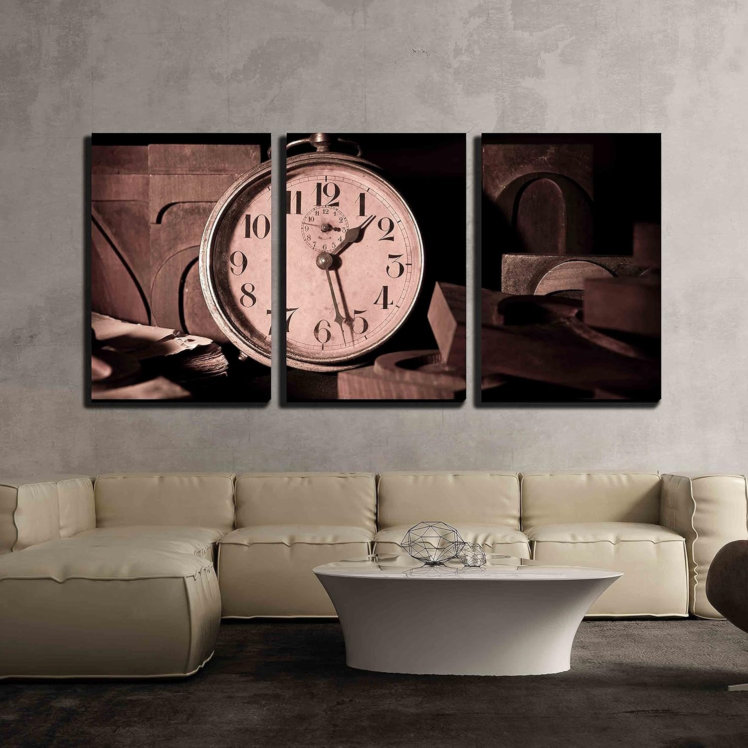 wall26 - 3 Piece Canvas Wall Art - Old Clock in a Printing - Modern Home Art Stretched and Framed Ready to Hang - 16"x24"x3 Panels
