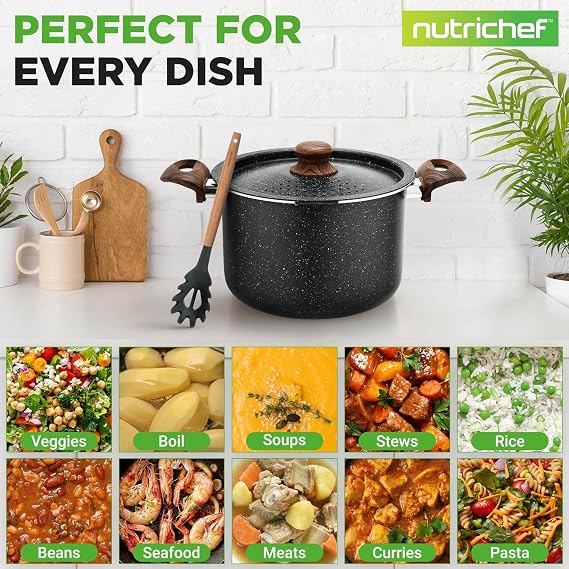 NutriChef 5qt Pasta Pot with Strainer Lid & Pasta Fork | Non-Stick Cooking Pot | Lockable Lid, Heat Resistant Handles | Even Heat Distribution | Easy Clean | Black Marble