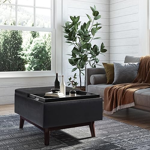 Miniatura 398 de SIMPLIHOME Owen - Bandeja rectangular moderna de mediados de siglo de 34 pulgadas de ancho, otomana pequeña para almacenamiento de mesa auxiliar, en