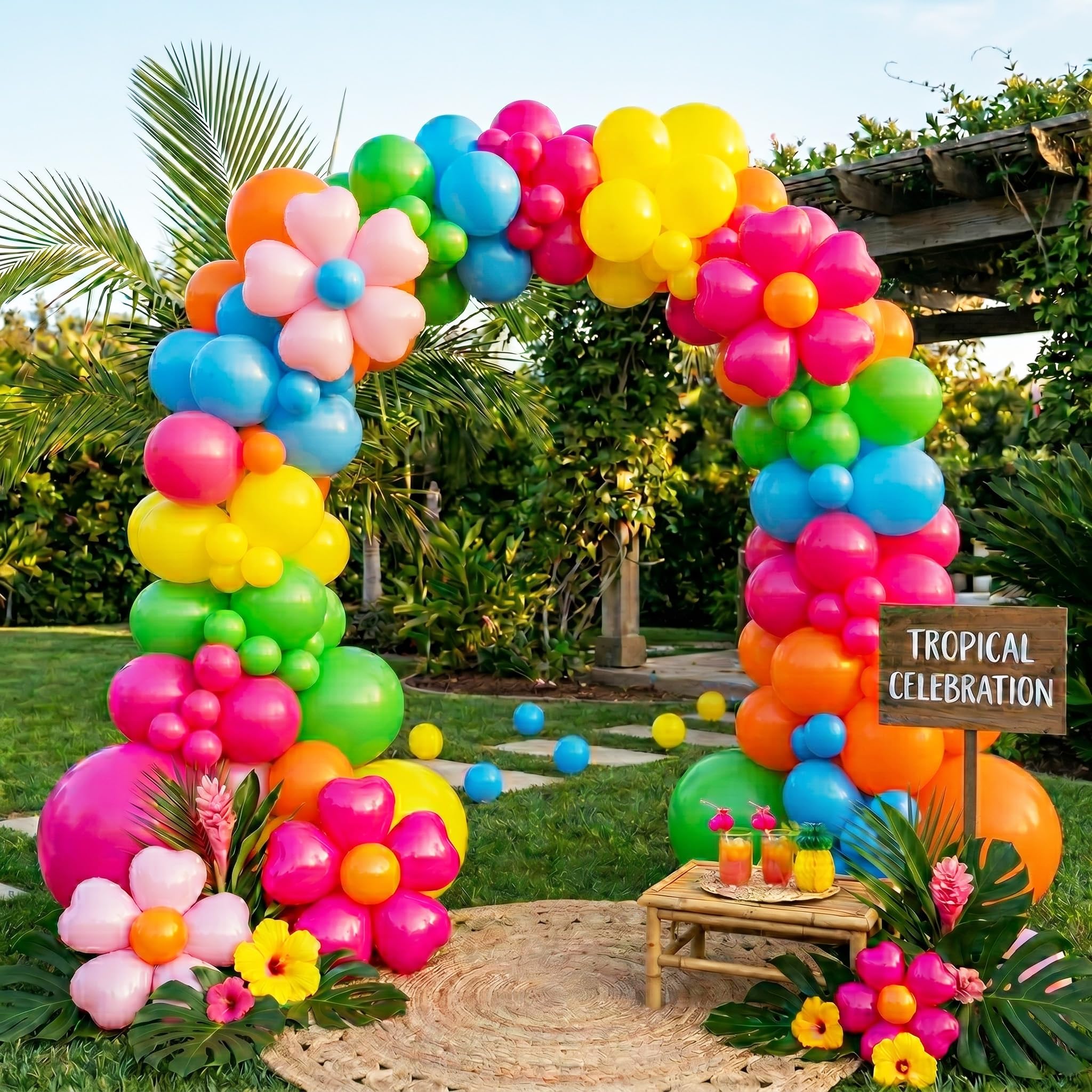 PartyXpress 153PCS Summer Balloon Arch Garland Kit with Hot Pink Orange Yellow Green Blue Balloons, Ideal for Hawaii Luau Tropical Aloha Bright Birthday Baby Shower Party Decorations