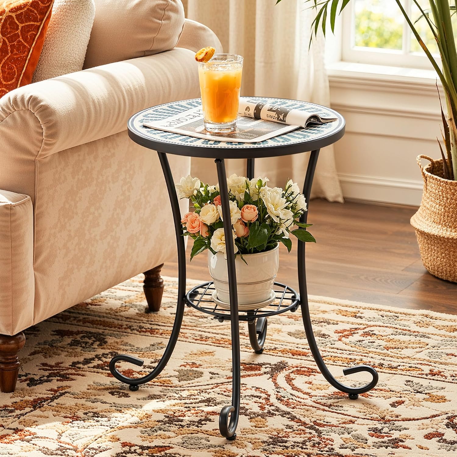 Side Table Outdoor, Mosaic Patio Table with Planter Stand, 22" H Iron Coffee End Table, Weather-Resistant Tile Top Metal Drink Bar Table for Indoor Garden Balcony Yard Bistro