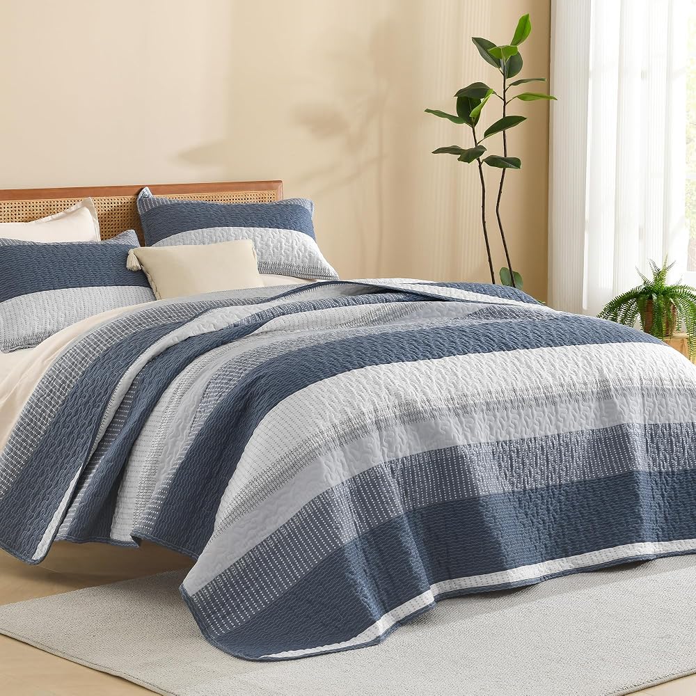 Litanika Queen Size Quilt, 3 Pcs Navy Blue Stripe Bedding Set