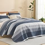 Litanika Queen Quilt Set Navy Blue, Stripe Patchwork Bedspread Coverlet 3 Pieces, Lightweight Microfiber Summer Comforter Bedding Set(1 Quilt, 2 Pillowcases)