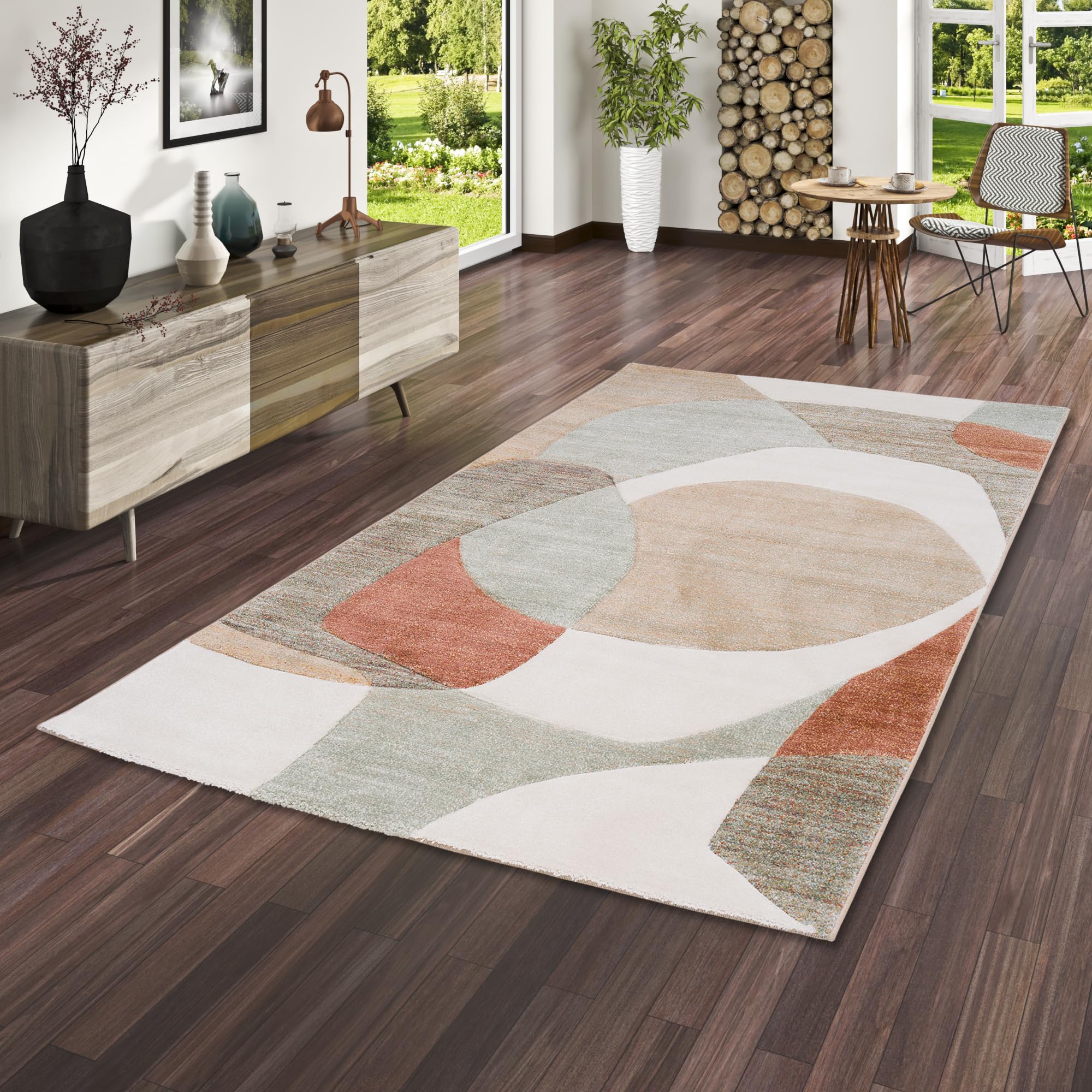 Tapis motif tendance Maui effet relief contour salon beige vert