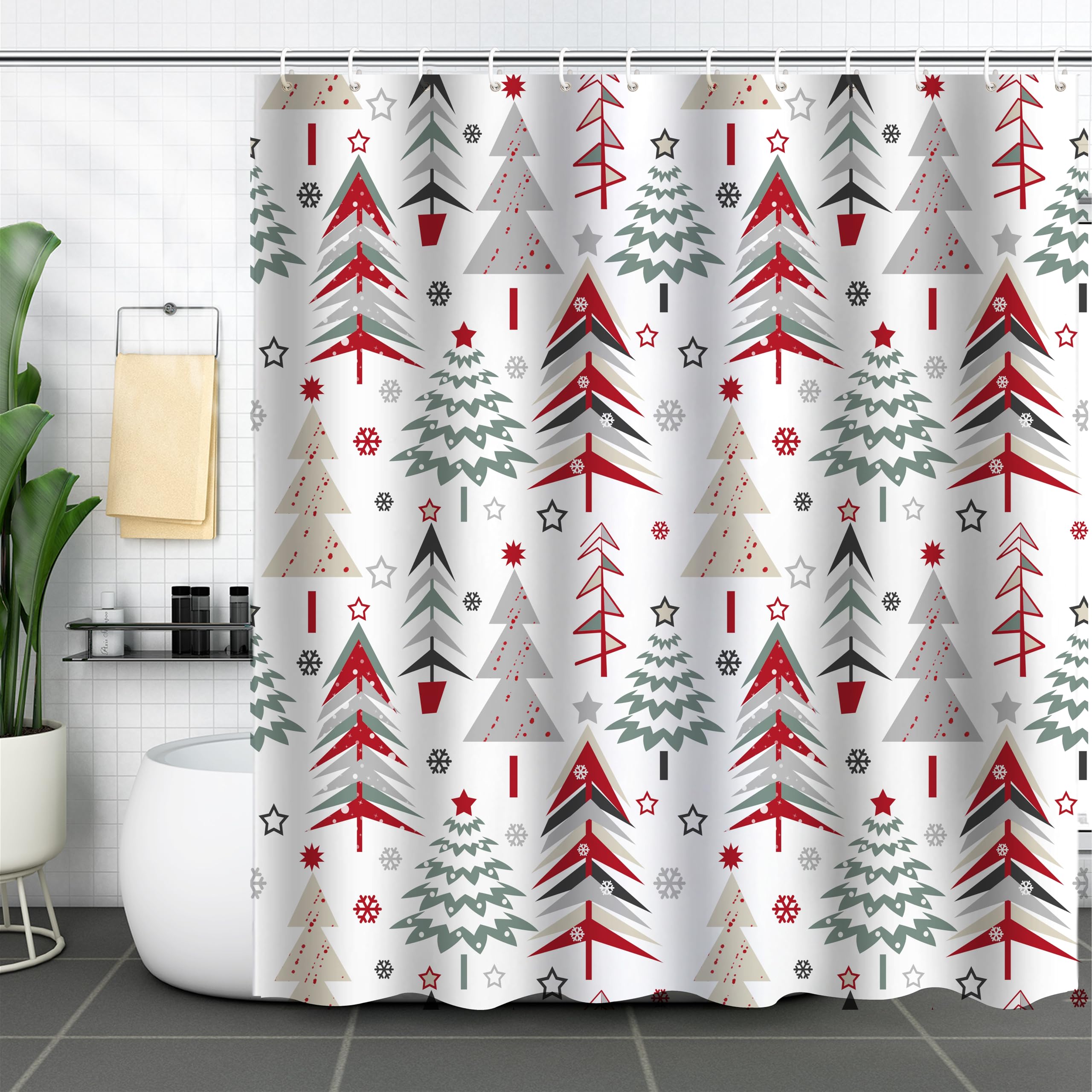 Inshere Colorful Merry Christmas Shower Curtain with 12 Hooks 72"X72", Xmas Trees Red Stars Snow Snowflake Seamless Pattern, Funny Christmas Shower Curtain Set