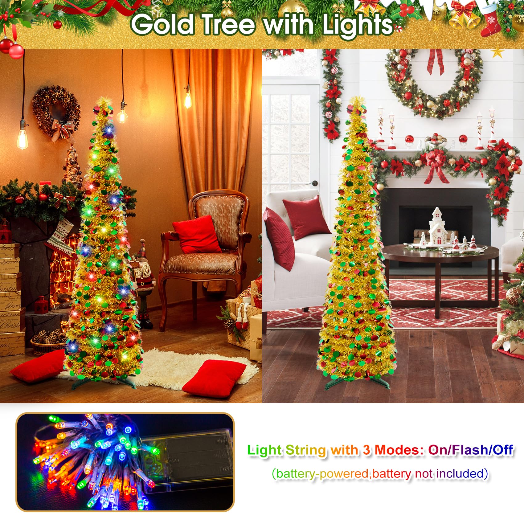 Prop Up Tree 5FT Gold Christmas Tree Pop Up Tree, Artificial Pencil Christmas Tree ...