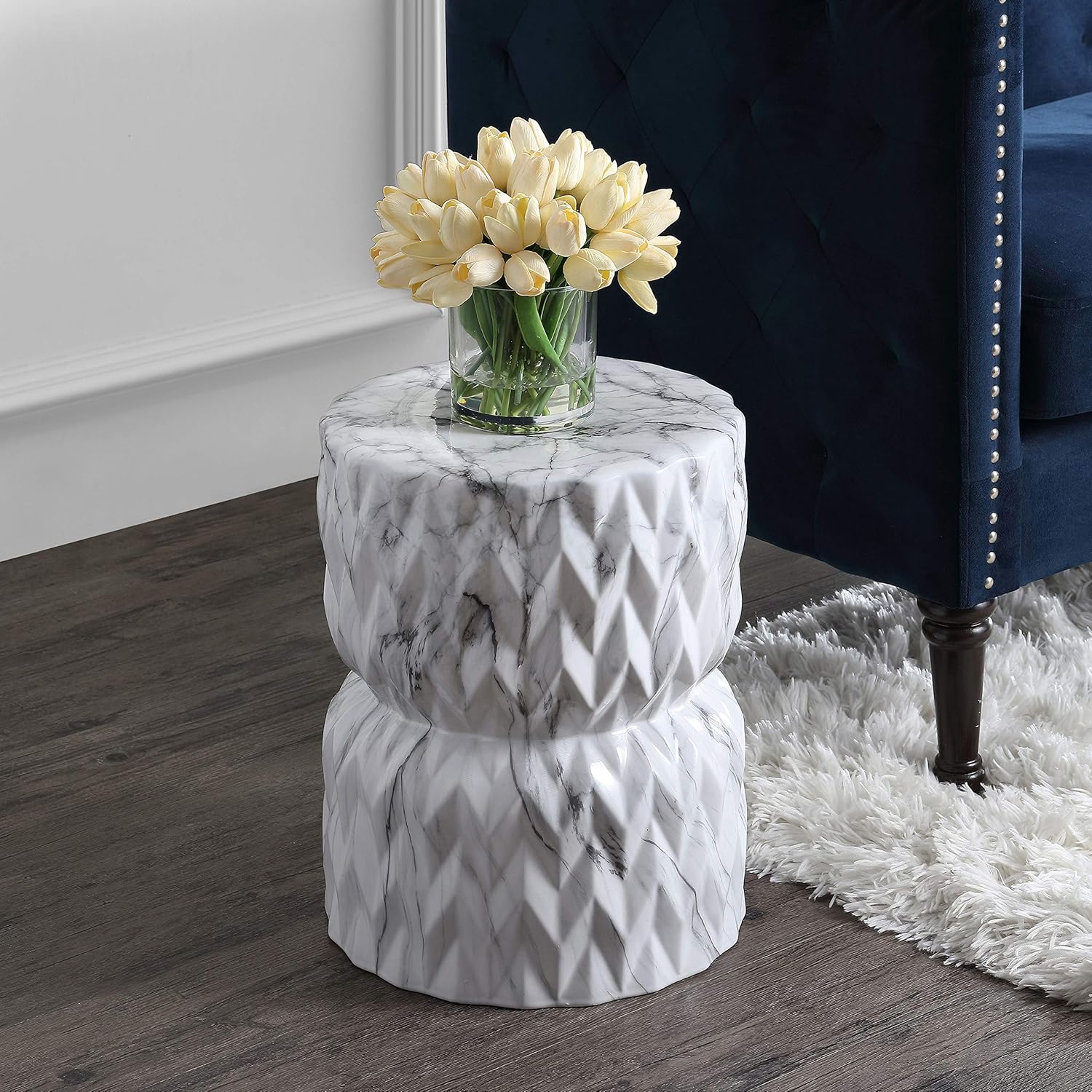 JONATHAN Y TBL1021A 17.5" White Marble Finish Ceramic Garden Stool