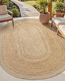 DEXI Oval Jute Rug Natural Fiber 6x9, Braided Woven Sisal Rugs No Shed, Large Neutral Area Carpet Mat for Outdoor Patio Dining Living Room Farmhouse, Natural